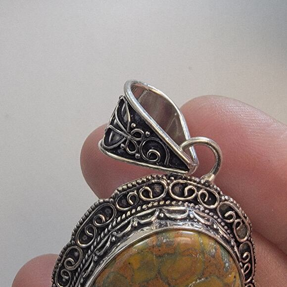 Necklace Pendants Rainforest Jasper Handmade Jewelry in Ornate Sterling Silver - Picture 7 of 10